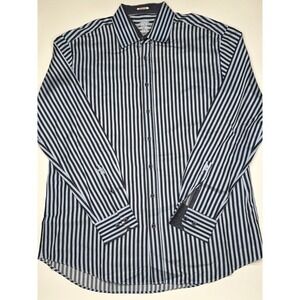 Bugatchi Men Striped Dress Shirt Long Sleeve Button Down Shaped Fit Navy Blue XL